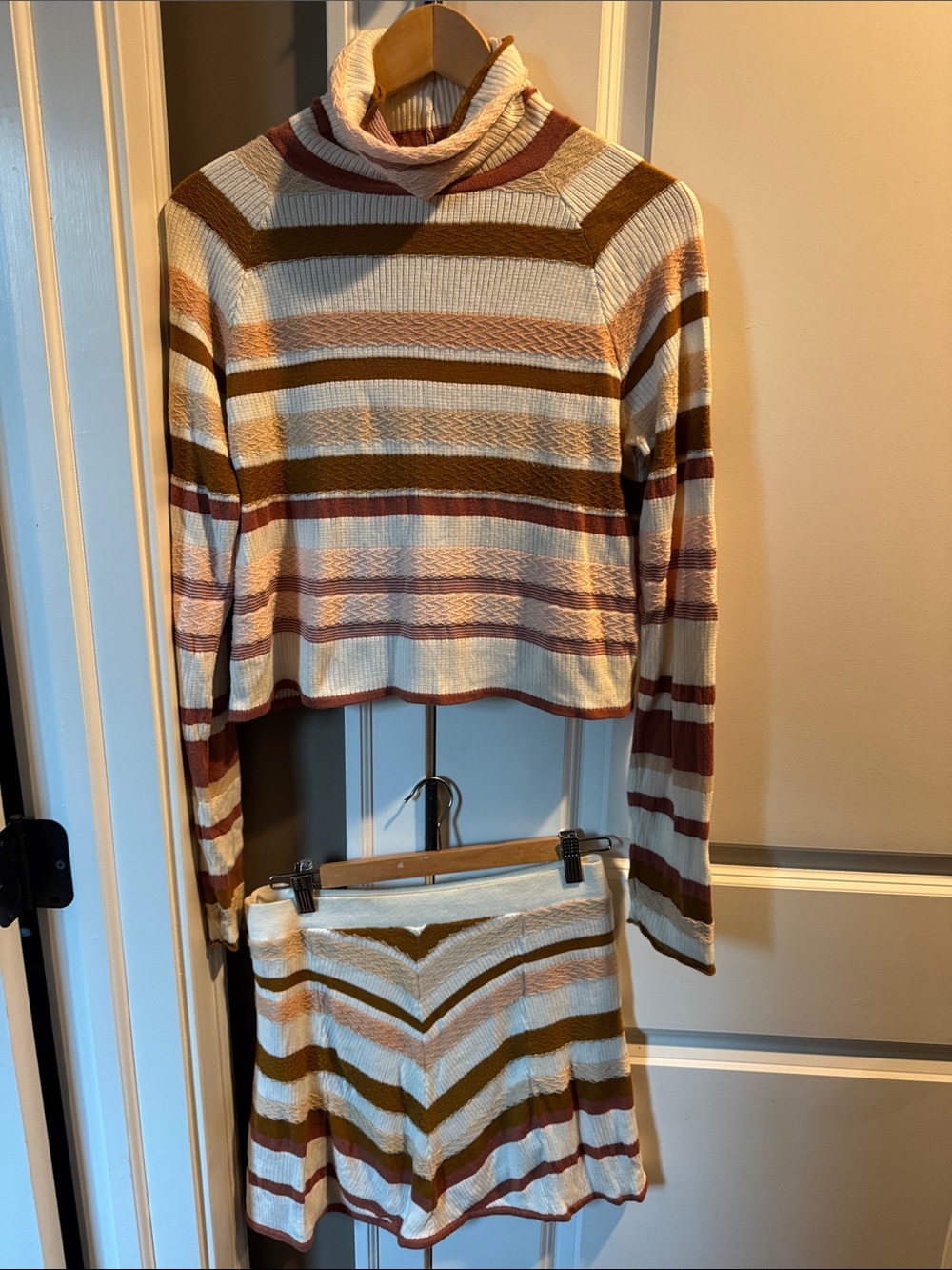 Free People Striped Turtleneck Crop Sweater/skirt set in Cream, Brown & Pink